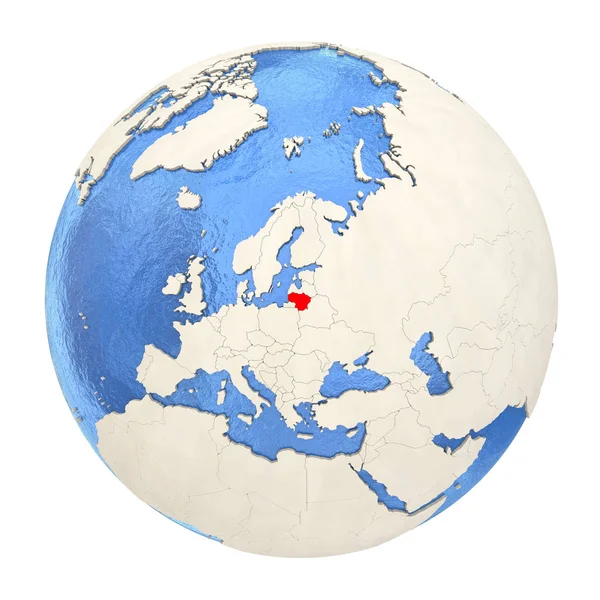 Litauen in Rot auf der ganzen Erdkugel isoliert auf Weiß — Stockfoto