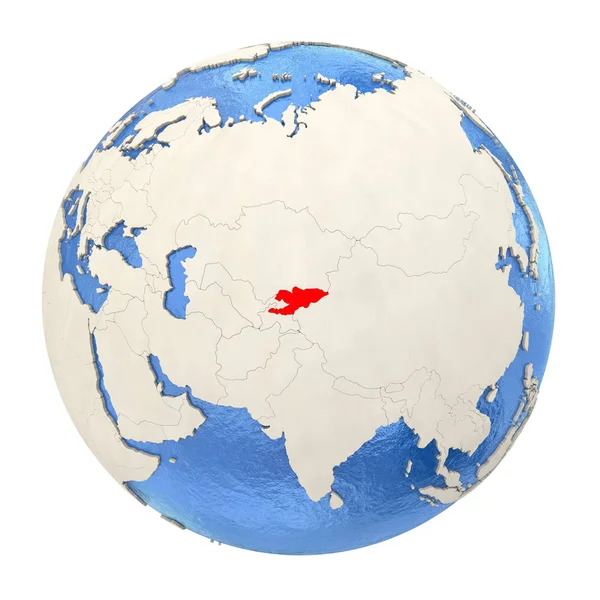 Kyrgyzstan in red on full globe isolated on white — Stock Photo, Image