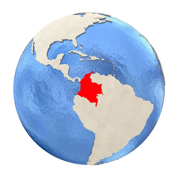 Kolumbien in rot auf voller globus isoliert auf weiß — Stockfoto