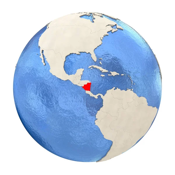 Нікарагуа в червоному на повну земної кулі, ізольовані на білому — стокове фото