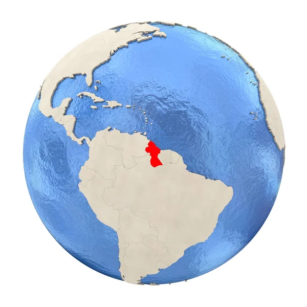 Guyana in red on full globe isolated on white — Stock Photo, Image