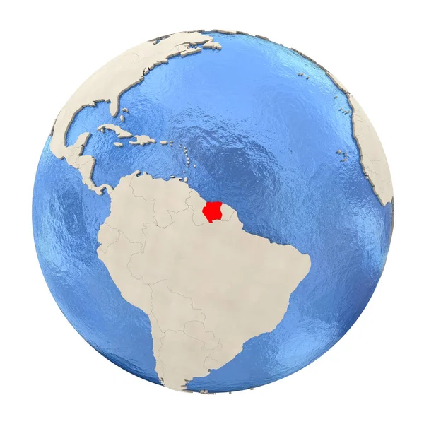 Suriname in het rood op volledige wereldbol geïsoleerd op wit — Stockfoto