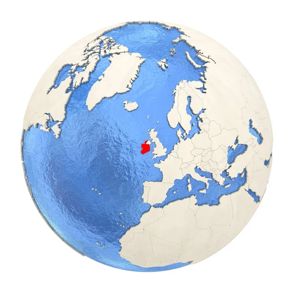 Irlanda em vermelho no globo inteiro isolado em branco — Fotografia de Stock