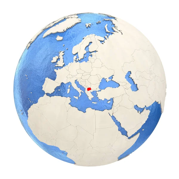 Македонія в червоному на повну земної кулі, ізольовані на білому — стокове фото