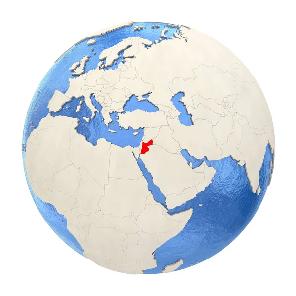 Jordânia em vermelho no globo inteiro isolado em branco — Fotografia de Stock
