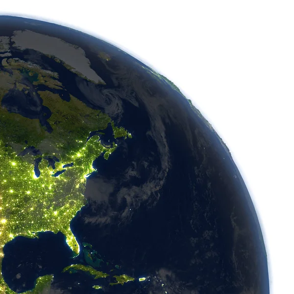 Wschodnie wybrzeże Ameryki Północnej w nocy na planecie Ziemia — Zdjęcie stockowe