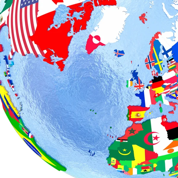Nordhalbkugel auf politischem Globus mit Fahnen — Stockfoto