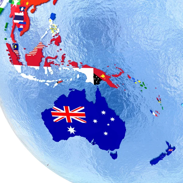 Australië op politieke wereldbol met vlaggen — Stockfoto