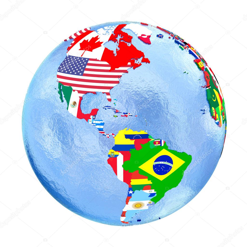 Americas on political globe with flags isolated on white