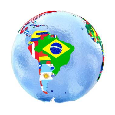 Güney Amerika üzerinde beyaz izole bayrakları ile siyasi dünya üzerinde