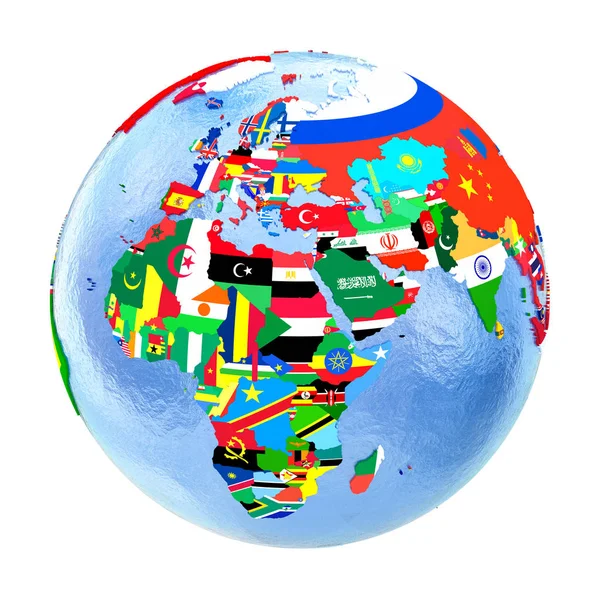 EMEA region on political globe with flags isolated on white — Stock Photo, Image