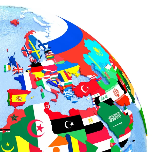 La région EMEA sur le globe politique avec des drapeaux — Photo