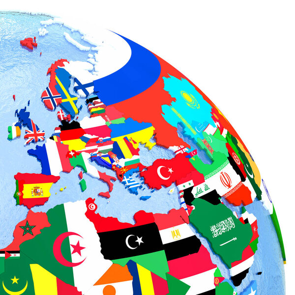 EMEA region on political globe with national flags embedded in map. 3D illustration.