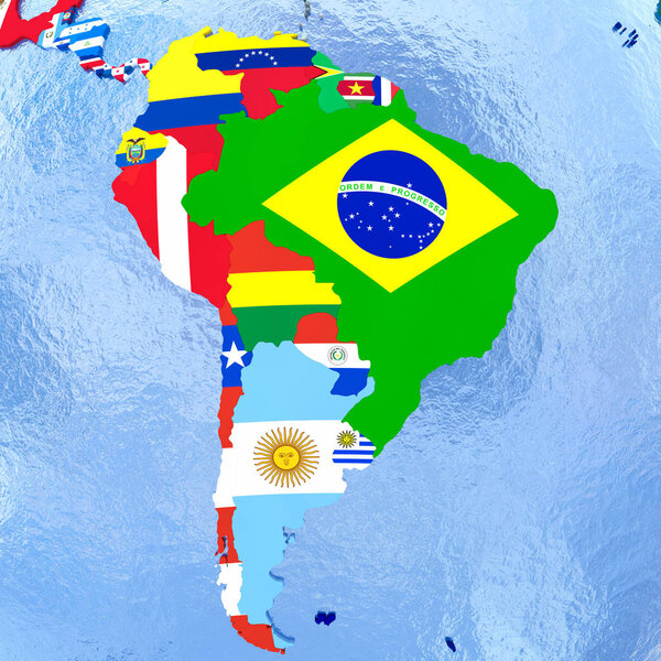 South America on political globe with flags