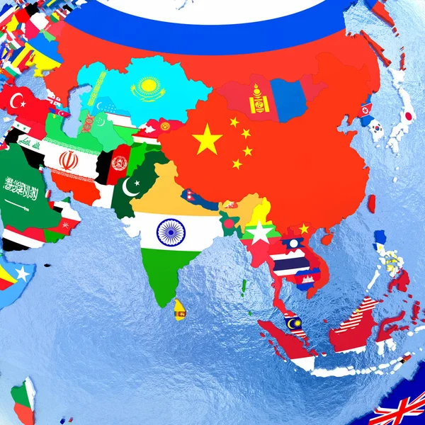 Asie na politické globe s příznaky — Stock fotografie