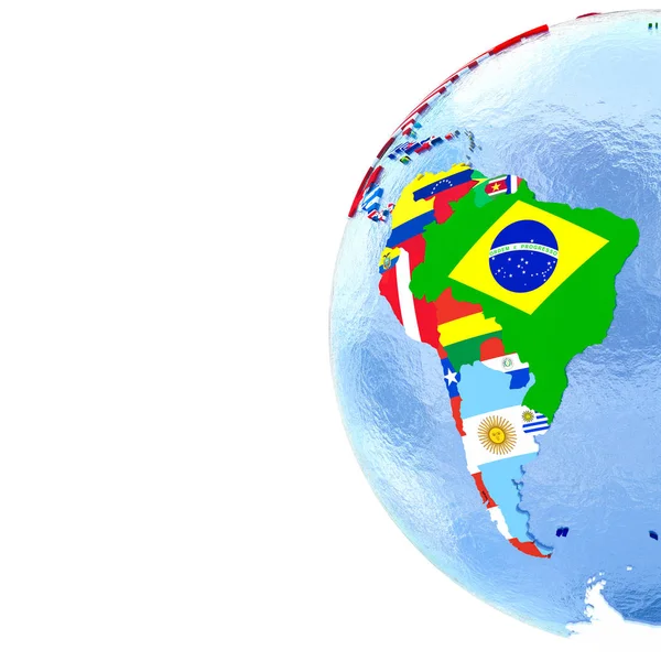 Ameryka Południowa na Globus polityczny z flagami — Zdjęcie stockowe