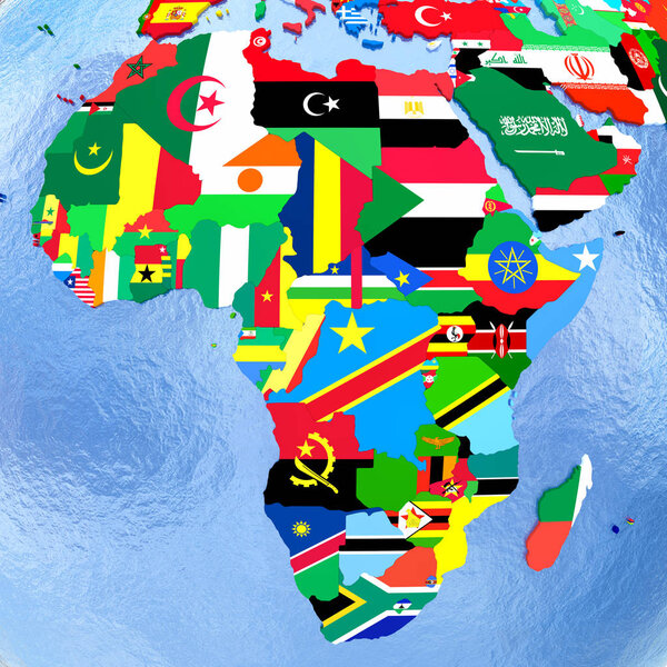 Africa on political globe with national flags embedded in map. 3D illustration.