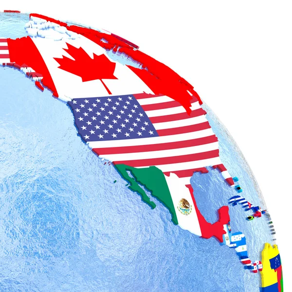 Ameryce Północnej na Globus polityczny z flagami — Zdjęcie stockowe