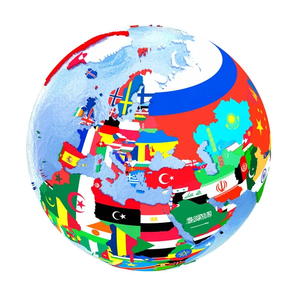 Europa op politieke wereldbol met vlaggen geïsoleerd op wit — Stockfoto