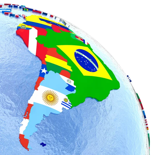 Южная Америка на политическом глобусе с флагами — стоковое фото