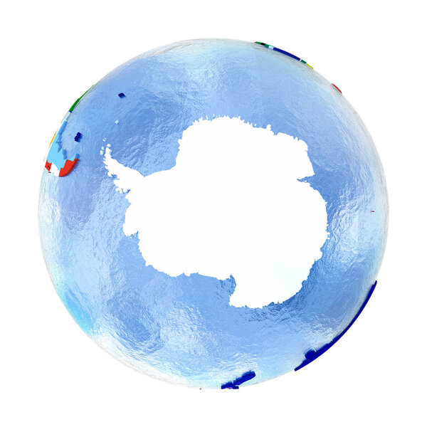 Antractic on political globe with flags isolated on white