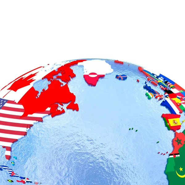 Северное полушарие на политическом глобусе с флагами — стоковое фото