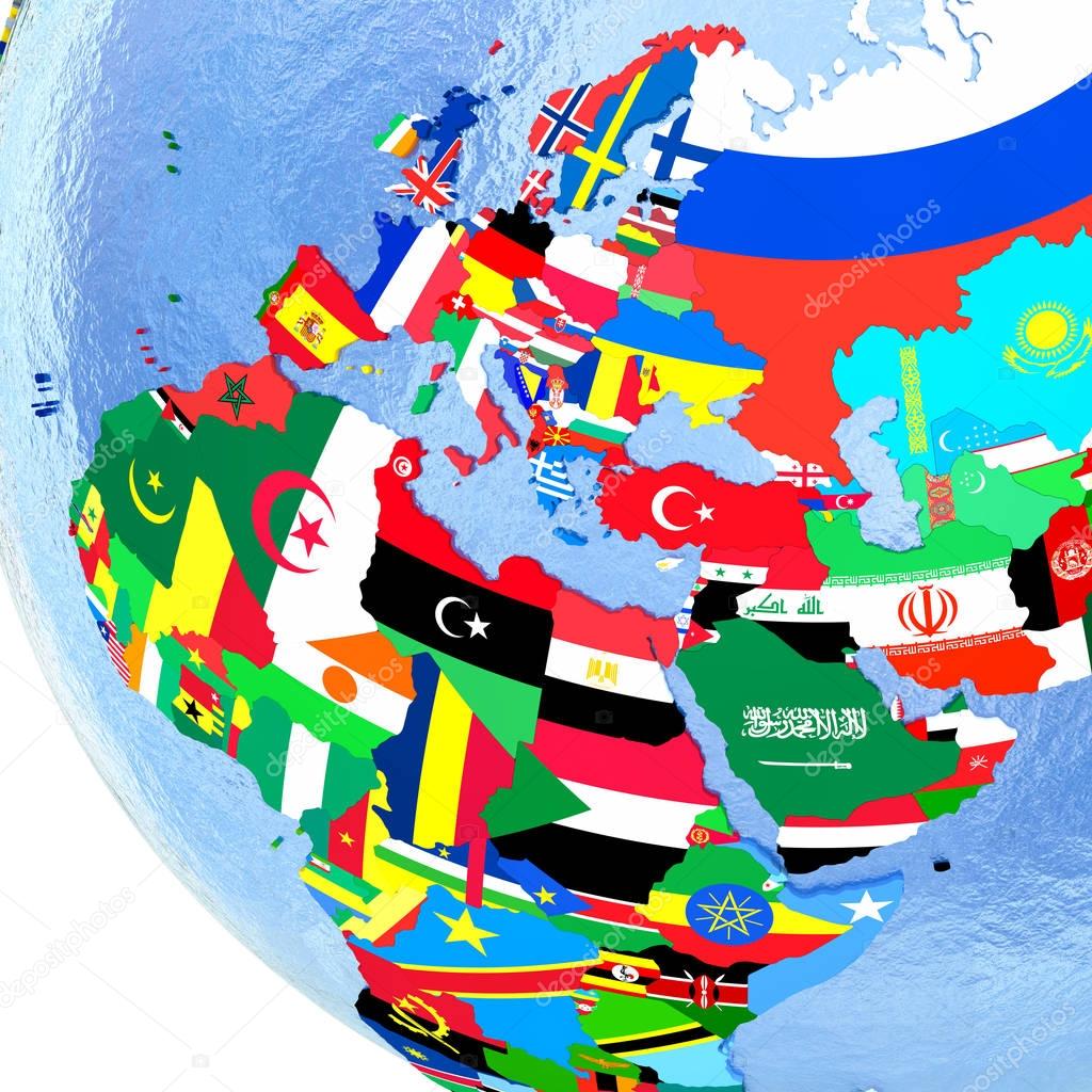 EMEA region on political globe with flags