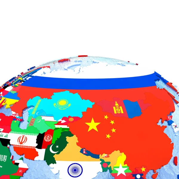 Asien auf politischem Globus mit Fahnen — Stockfoto