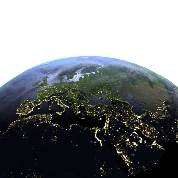 Región EMEA por la noche en el modelo realista de la Tierra —  Fotos de Stock