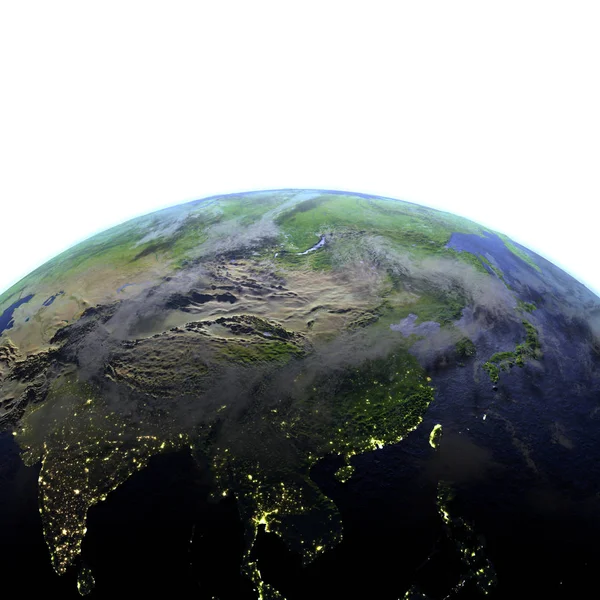 Oost-Azië op realistische model van aarde 's nachts — Stockfoto