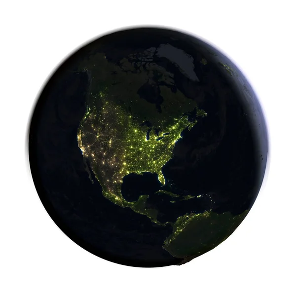 América do Norte na Terra à noite isolada em branco — Fotografia de Stock