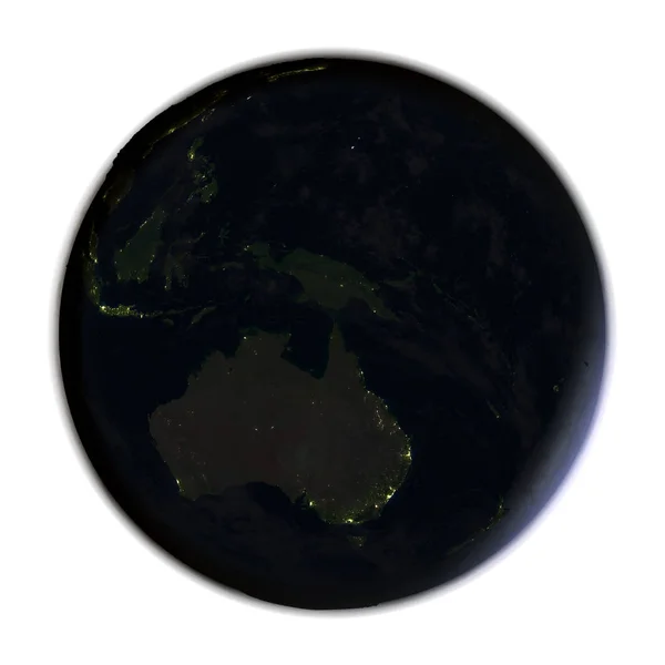 Australia on Earth at night isolated on white — Stock Photo, Image
