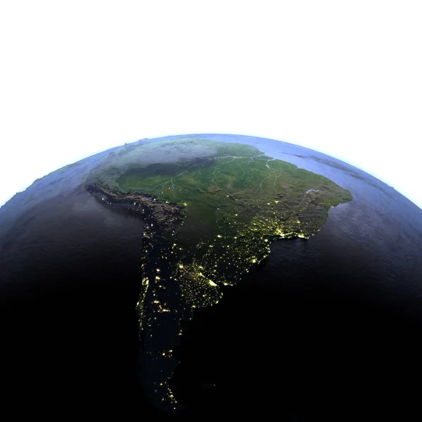 Νότια Αμερική τη νύχτα στο ρεαλιστικό μοντέλο της γης — Φωτογραφία Αρχείου