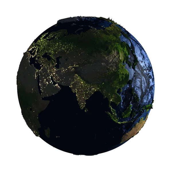 Azië op aarde nachts geïsoleerd op wit — Stockfoto