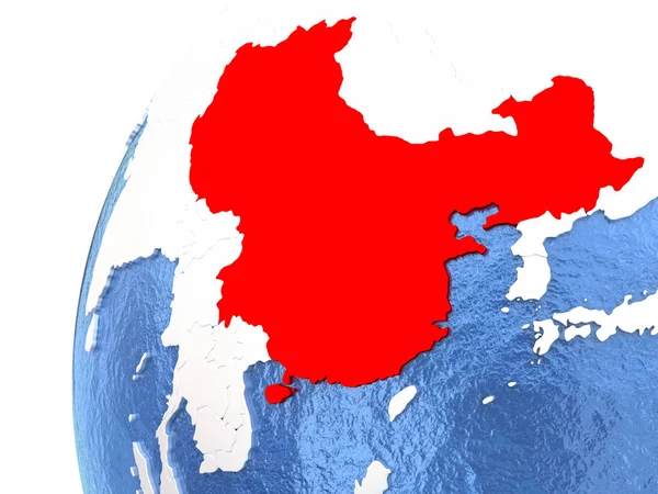 China em globo metálico com oceanos azuis — Fotografia de Stock