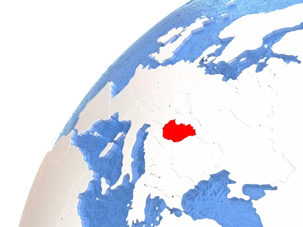 Ungheria su globo metallico con oceani blu — Foto Stock