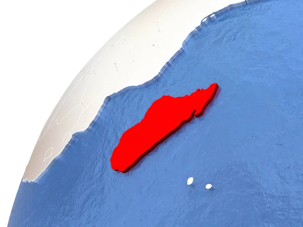 Madagáscar no globo metálico com oceanos azuis — Fotografia de Stock