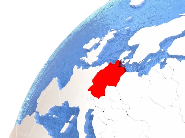 Німеччина на металеві земної кулі з синім океанів — стокове фото