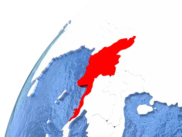 Myanmar på metalliska jordglob med blå oceaner — Stockfoto