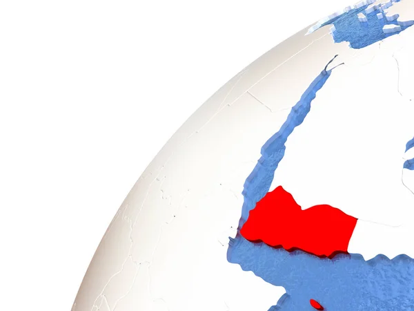 Jemen auf metallischem Globus mit blauen Ozeanen — Stockfoto