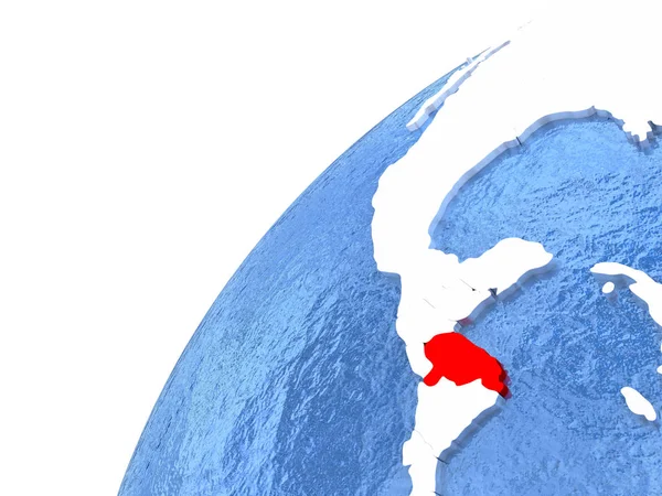 Honduras på metalliska jordglob med blå oceaner — Stockfoto