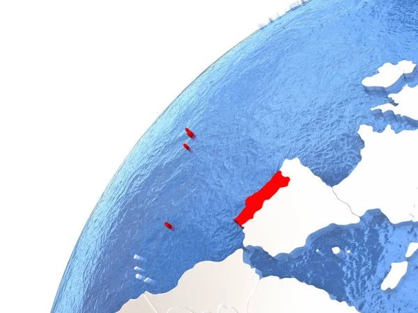 Portugal op metalen wereldbol met blauwe oceanen — Stockfoto