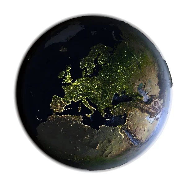 Europa na Terra à noite isolada em branco — Fotografia de Stock