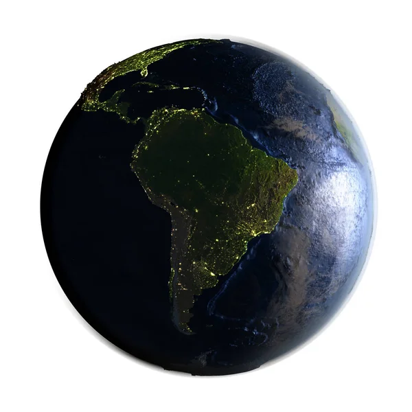 South America on Earth at night isolated on white — Stock Photo, Image