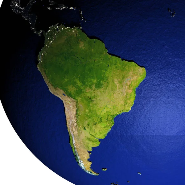 Sudamérica en el modelo de la Tierra con tierra en relieve —  Fotos de Stock