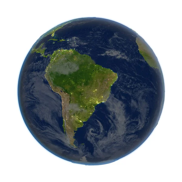 Sudamérica en la Tierra por la noche aislada en blanco —  Fotos de Stock