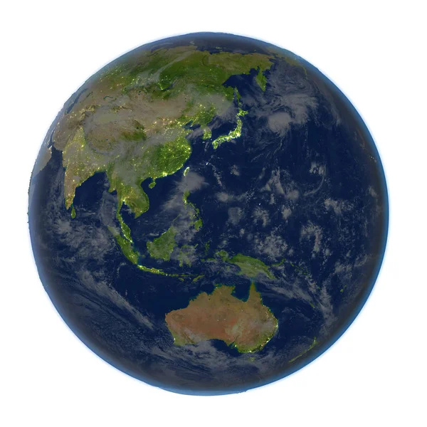 Australasien på jorden nattetid isolerad på vit — Stockfoto