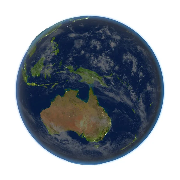 Australië op aarde nacht geïsoleerd op wit — Stockfoto