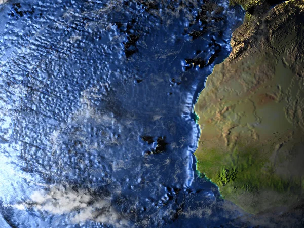 África Ocidental na Terra à noite - fundo oceânico visível — Fotografia de Stock