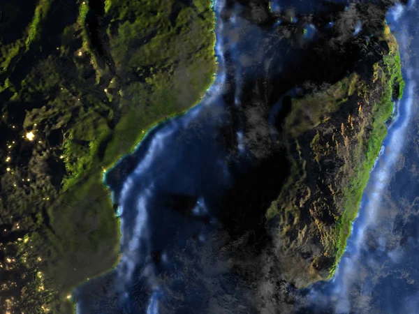 Madagascar en la Tierra por la noche - fondo visible del océano — Foto de Stock